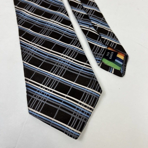 Ted Baker London Brown Blue 100% Silk Neck Tie Plaid - Picture 3 of 6